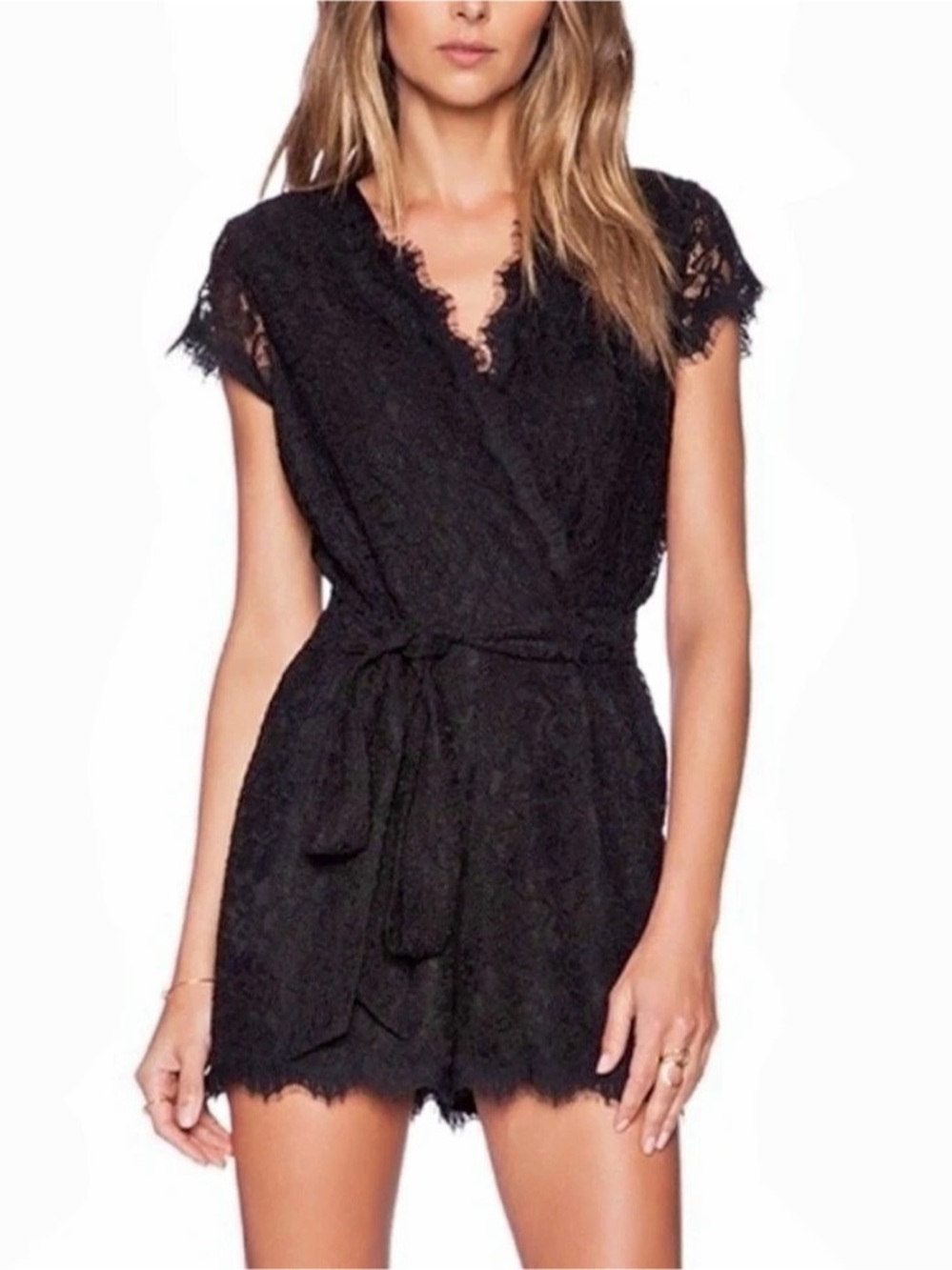Diane von Furstenberg Dechen Lace-Trim Romper Dechen Black Lace Romper Size 12